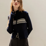Sleek Ribbed Knit Zip-Front Jacket with Striped Accents