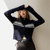 Sleek Ribbed Knit Zip-Front Jacket with Striped Accents