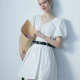 Women's Puff Sleeve Dress with Cinched Waist and V-Neckline