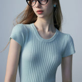 Women's Ribbed Texture Round Neck Short Sleeve Top