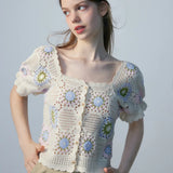 Women's Crochet Lace Floral Top with Flutter Sleeves