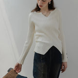 Chic Ribbed V-Neck Sweater with Button Cuff Details