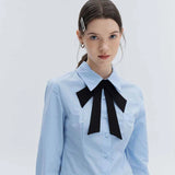 Woman's Long Sleeve Button-Up Blouse with Contrast Bow Tie Neckline