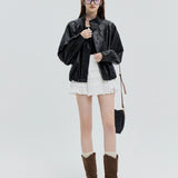 Leather Jacket with Stand-Up Collar and Gathered Hem