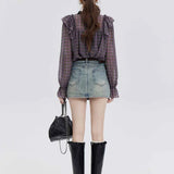 Woman's Ruffled Plaid Blouse with Tie-Neck Detail