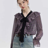 Woman's Ruffled Plaid Blouse with Tie-Neck Detail