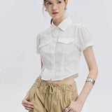 Tailored Cap Sleeve Blouse with Patch Pockets and Pointed Collar