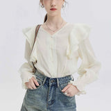 Ruffled Collar Button-Up Blouse with Statement Sleeves