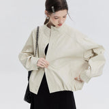 Leather Jacket with Stand-Up Collar and Gathered Hem