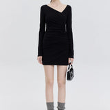 Women's Long Sleeve Dress with Ruched Detail and Asymmetrical Neckline