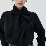 Bow Tie Design Long Sleeve Shirt, Elegant Professional Attire