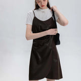 Sleek Faux Leather Slip Dress with Gathered Detail
