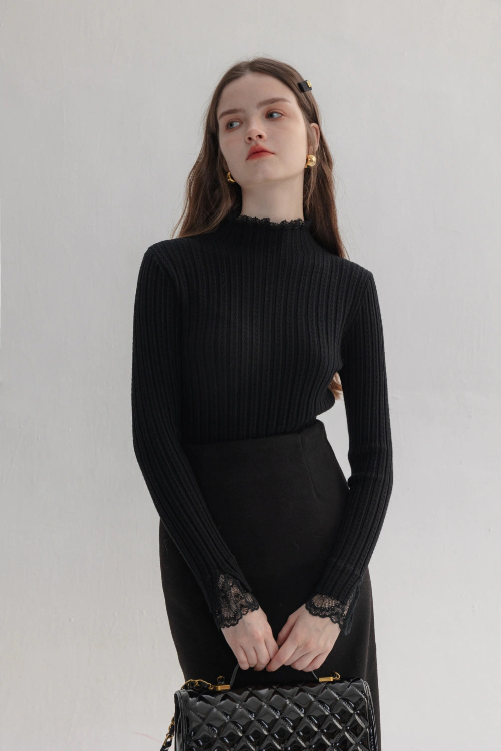 Ribbed Knit Sweater with Lace Collar and Cuff Detail