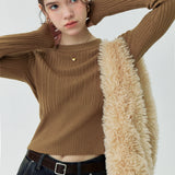 Cropped Ribbed Knit Sweater with Long Sleeves