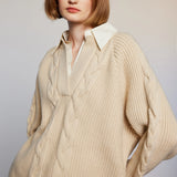 Oversized Cable Knit Sweater in Cream with Collared Shirt Layering