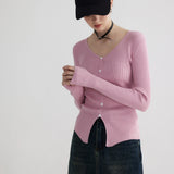 Women's Ribbed Button-Front Cardigan with V-Neck Design