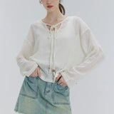 Textured Tie-Front Knit Blouse with Button Details