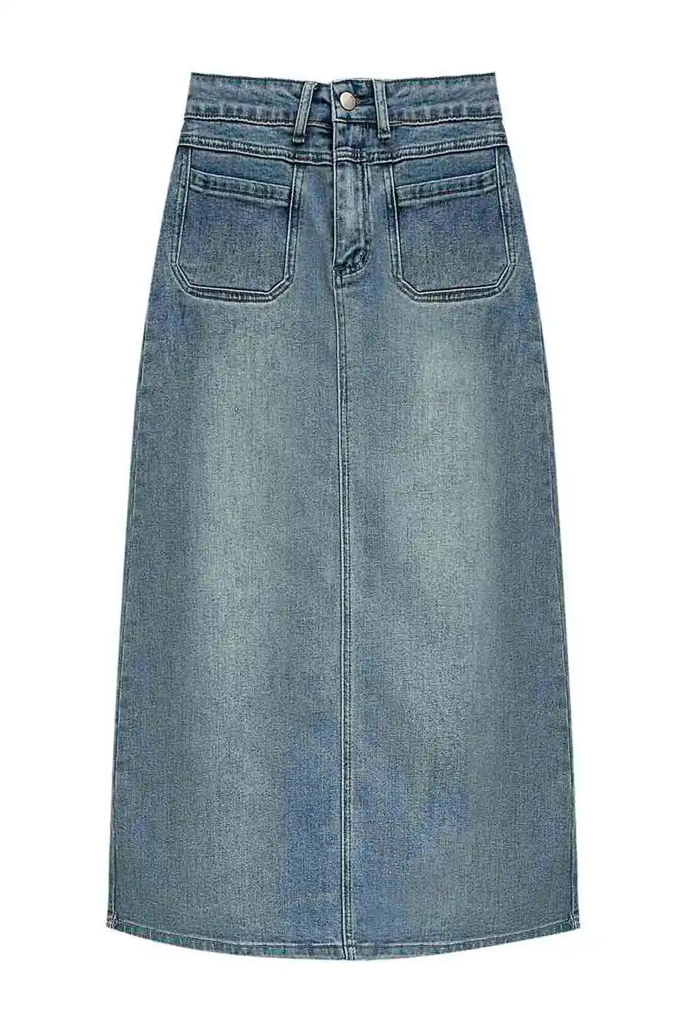 High-Waisted Denim Midi Skirt with Classic Five-Pocket Design