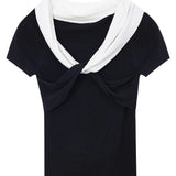 Women's Cross-Front Short Sleeve Top with Contrast Trim
