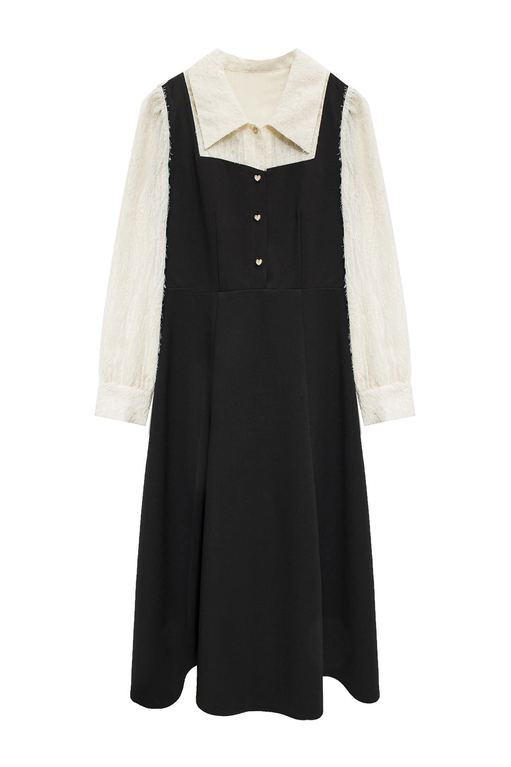 Ladies' Button-Up Dress with Contrast Collar and Puff Sleeves