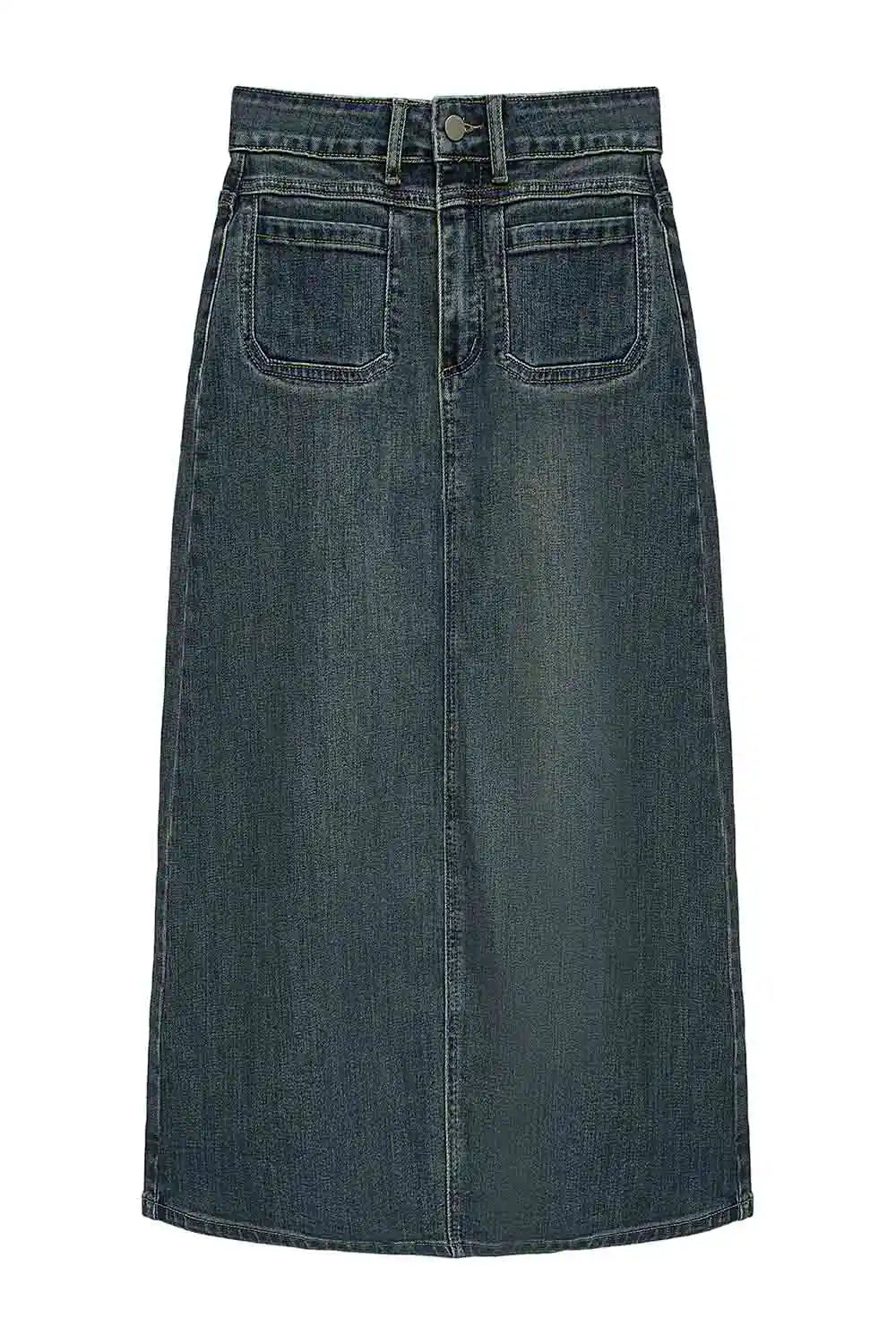 High-Waisted Denim Midi Skirt with Classic Five-Pocket Design
