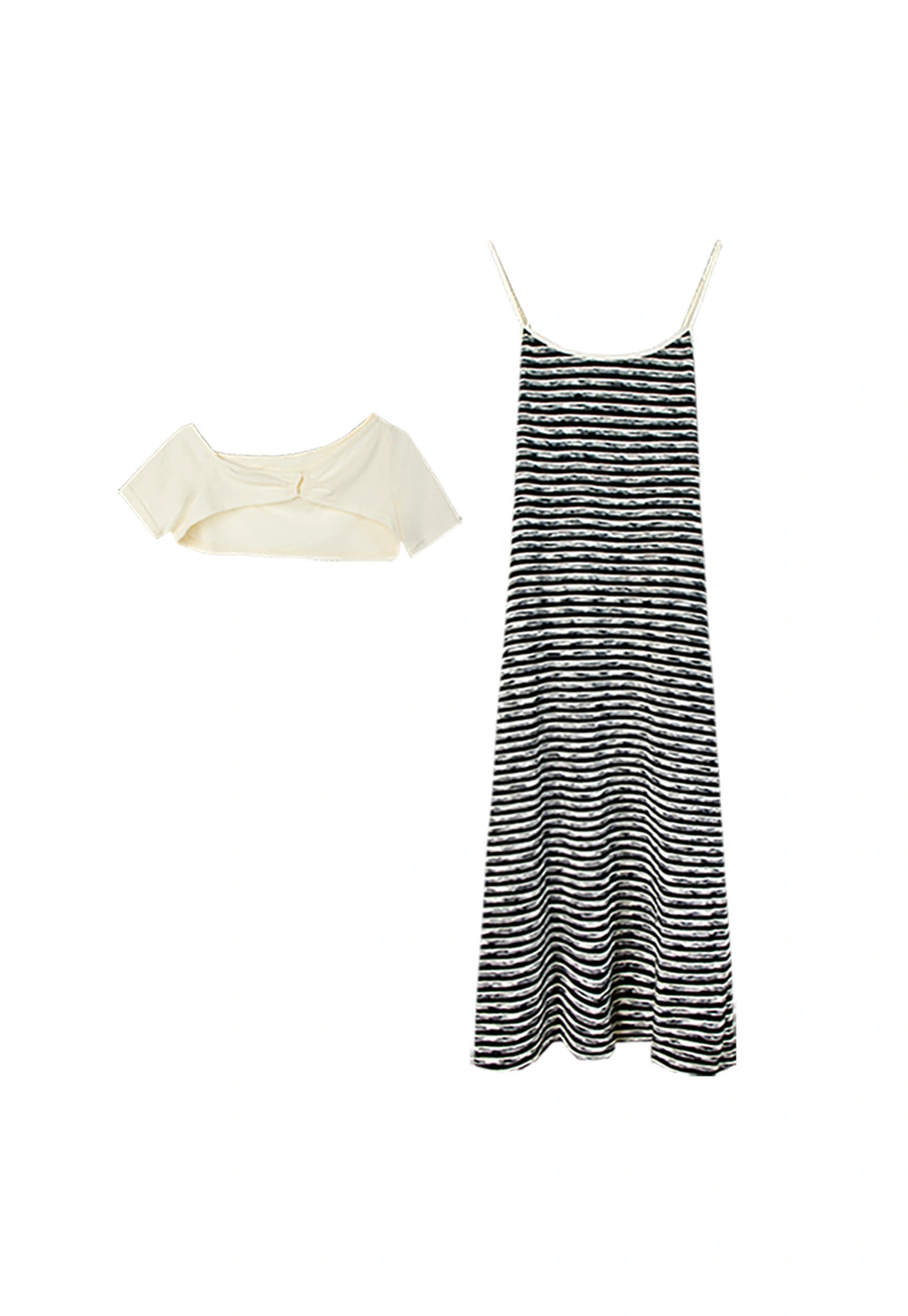 Women's Two-Piece Outfit: Off-White Crop Top and Black & White Maxi Dress
