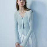 Women's V-Neck Pearl Button Lace Knit Cardigan - Elegant and Chic