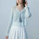 Women's V-Neck Pearl Button Lace Knit Cardigan - Elegant and Chic