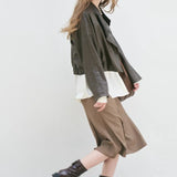 Classic Cropped Leather Jacket with Collared Neckline and Front Patch Pocket