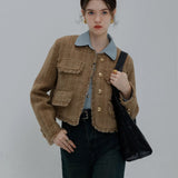 Chic Frayed Tweed Jacket with Gold-Tone Buttons