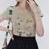 Short-Sleeve T-Shirt with Cute Animal Prints and Playful Lettering