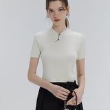 Chic Ribbed Short-Sleeve Tee with Contrast Trim and Tie-Up Detail