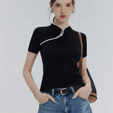Chic Ribbed Short-Sleeve Tee with Contrast Trim and Tie-Up Detail