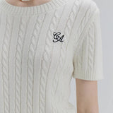 Classic Cable Knit Short-Sleeve Sweater with Embroidered Monogram