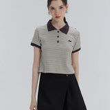 Chic Striped Polo Tee with Elegant Contrast Collar