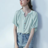 Women's Solid Color Short Sleeve Blouse with Colorful Buttons