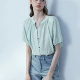 Women's Solid Color Short Sleeve Blouse with Colorful Buttons