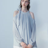 Ladies' Sleeveless Pleated Blouse with Shoulder Bow Detail