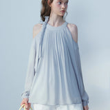 Ladies' Sleeveless Pleated Blouse with Shoulder Bow Detail