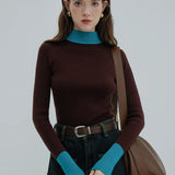 Women's Contrast Cuff Mock Neck Sweater - Cozy Knit Pullover