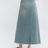 Trendy Denim Midi Skirt with Frayed Hem