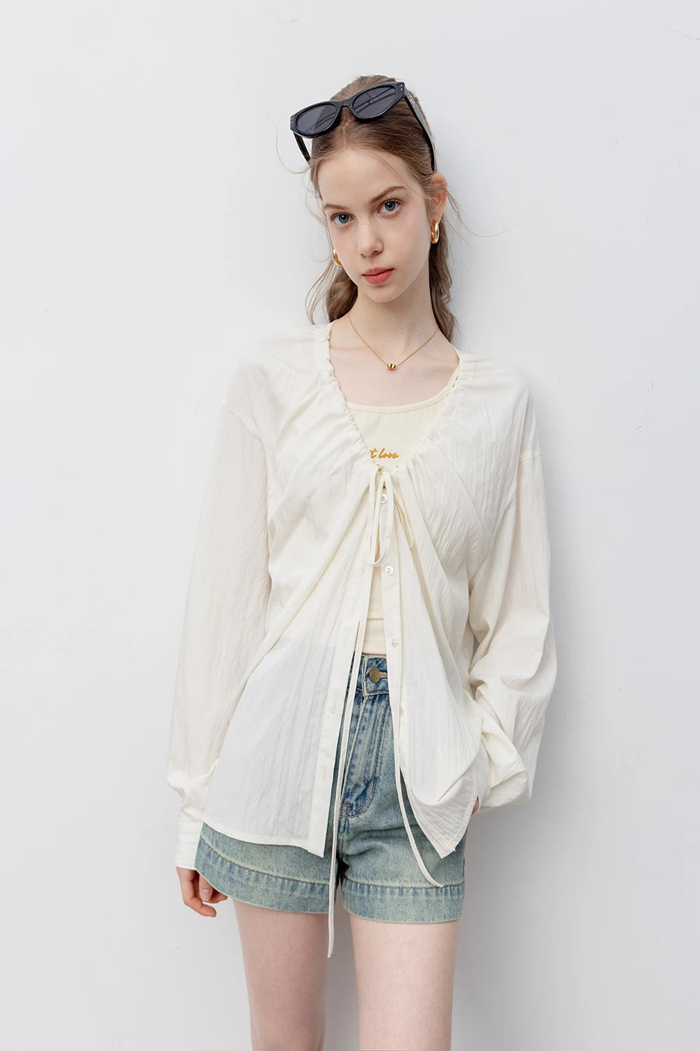 Gathered Neckline Blouse with Button Detail