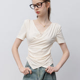 Women's Crossover V-Neck Blouse with Draped Detail