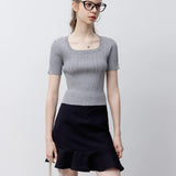 Women's Square Neck Short-Sleeve Fitted Knit Top