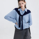 Chic Striped Tie-Front Blouse with Elegant Shawl