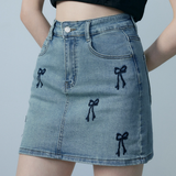 Denim Mini Skirt with Decorative Bow Embroidery - Cute and Trendy