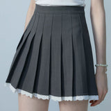 Classic Charcoal Pleated Mini Skirt with Lace Trim - Chic Schoolgirl Style