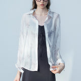 Women's Floral Print Lightweight Sheer Blouse with Classic Collar