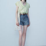 Delicate Gathered Yoke Blouse with Classic Short Sleeves