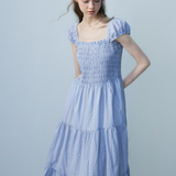 Vintage Blue Gingham Smocked Midi Dress with Ruffled Hem
